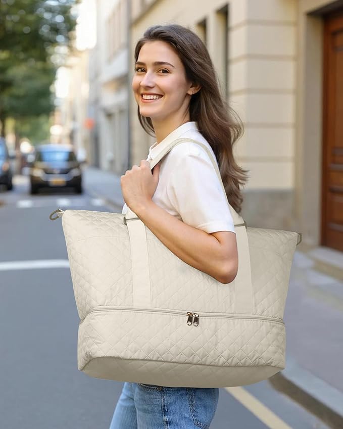 HOTOR Travel Duffel Bag - Weekender Bags for Women, Gym Tote Bags with Shoe Compartment, Carry On Overnight Bag with Toiletry Bag for Travel Essentials and Travel Accessories, Beige, 15.8"×18.1"×8.7"