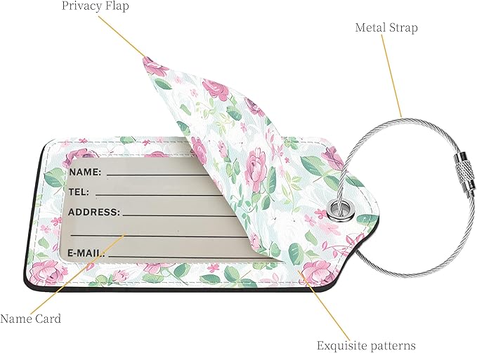 2 Pcs Luggage Tags for Suitcase, Cute Unique PU Leather Travel Bag Tag with Privacy Cover ID Label Address Card and Durable Metal Ring Suitable for Men Women Children Backpack,Flower A