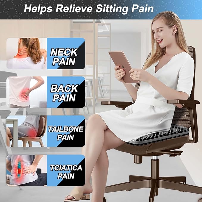 Seat Cushion, Gel Seat Cushion for Long Sitting– Back, Sciatica, Tailbone Pain Relief Pad, 19in Seat Pad for Car, Office Chair, Wheelchair, Soft Support for Long Trips
