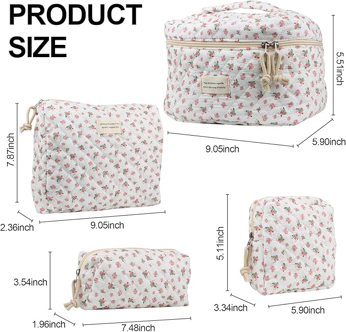 Cute Makeup Bag for Women(2 Pcs), Travel Cosmetic Bags, Quilted Coquette Aesthetic Floral Toiletry Organizer Bag (42 - Red Rose/4PCS)
