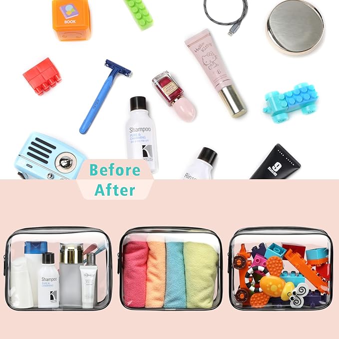 F-color TSA Approved Toiletry Bag 3 Pack Medium - Clear Makeup Bag Travel Quart Size for Women Men, Clear Cosmetic Bag Airport Airline Compliant Carry on Bag, Black Matte