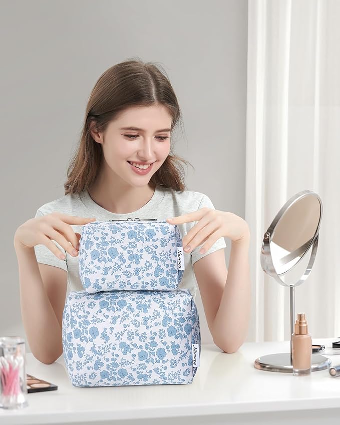 Narwey Small Cute Floral Makeup Bag for Purse Mini Cosmetic Bag Travel Makeup Pouch Zipper Pouch Cute Make up Bags with Compartments for Women Girls (Blue Flower, Small)