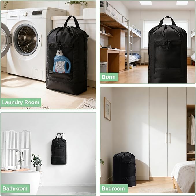Backpack Laundry Bag,Large Travel Laundry Bags with Shoulder Straps and Mesh Pockets,Laundry Backpack with Drawstring Closure for College,Trave,Dorm, Apartment,Laundromat (Black)