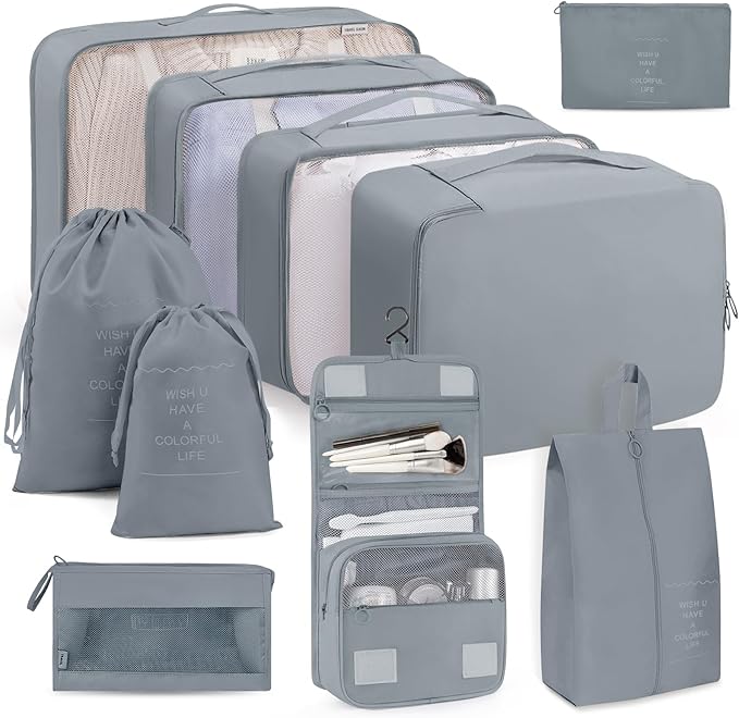 Packing Cubes 10 PCS, Mesh Breathable Luggage Organizers Bags, Packing Organizers, Durable Travel Essentials Bags Set, Travel Packing Organizers, Gray