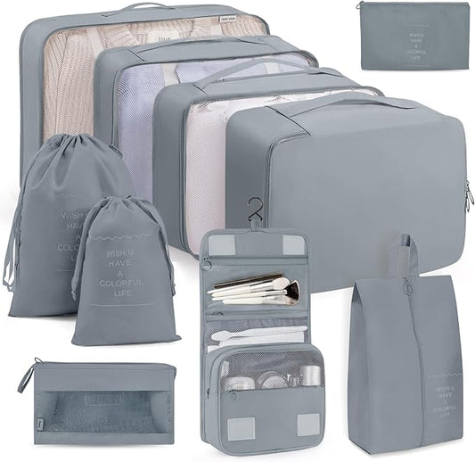 Packing Cubes 10 PCS, Mesh Breathable Luggage Organizers Bags, Packing Organizers, Durable Travel Essentials Bags Set, Travel Packing Organizers, Gray