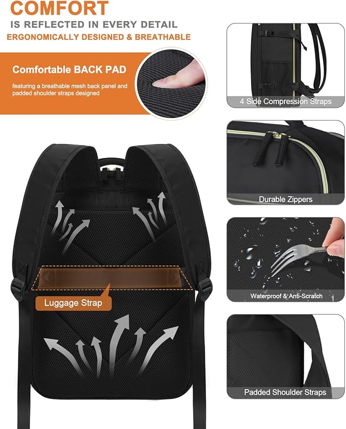 Capolo Travel Backpack for Women Men Waterproof Laptop Backpack Airlines Approved Personal Item Backpack Bag Computer Bookbag for Business, Work, Traveling Fits 15.6 Inch Laptop(Black)