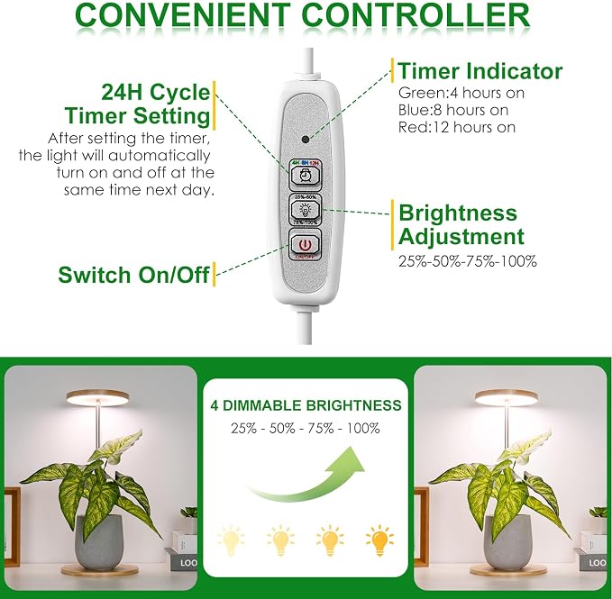 LORDEM Indoor Plant Light, Bamboo Desk Lamp with Timer | Full Spectrum 380-800nm, 72 LEDs, 4 Dimmable Levels, Height Adjustable 7.8-26 inch, Auto Timer 4/8/12H