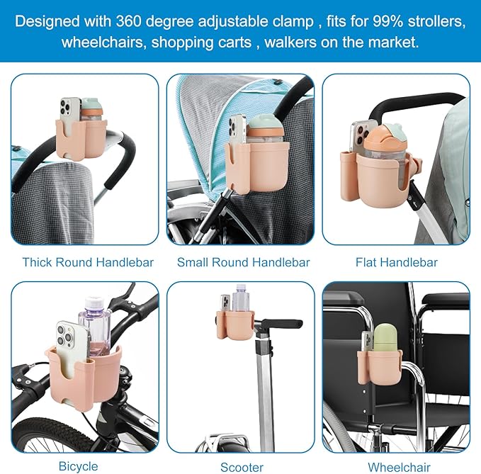 Accmor Stroller Cup Holder with Phone Holder, Bike Cup Holder, Universal Cup Holder for Uppababy Nuna Doona Strollers, 2-in-1 Cup Phone Holder for Stroller Bike Wheelchair Walker Accessory