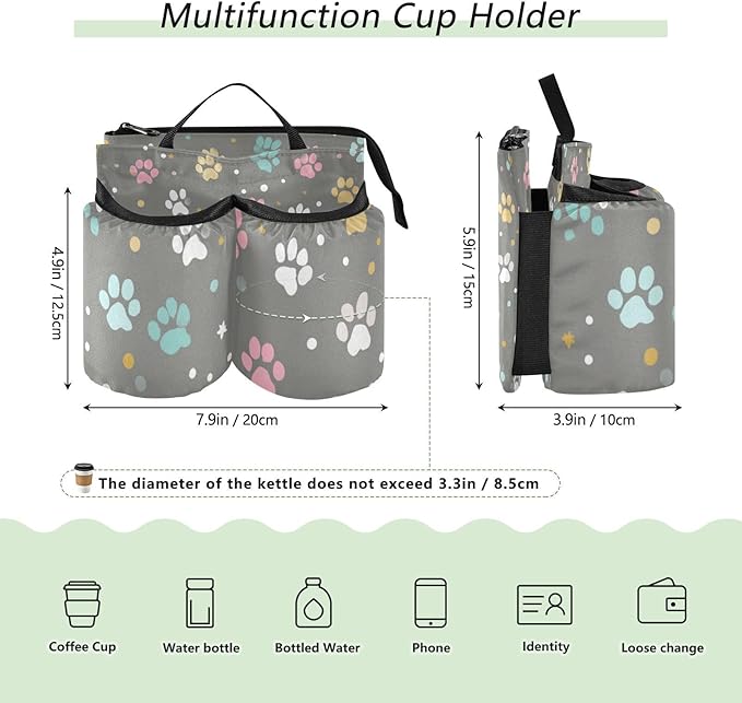 Luggage Cup Holder for Suitcases Free Hands Travel Cup Holder Portable Suitcase Cup Drink Holder Luggage Cup Caddy Bag Carrier Paw Print Dots Stars Grey