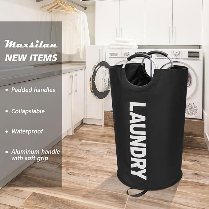 90L Large Laundry Basket, Freestanding Tall Clothes Hamper, Collapsible Laundry Bag, Black
