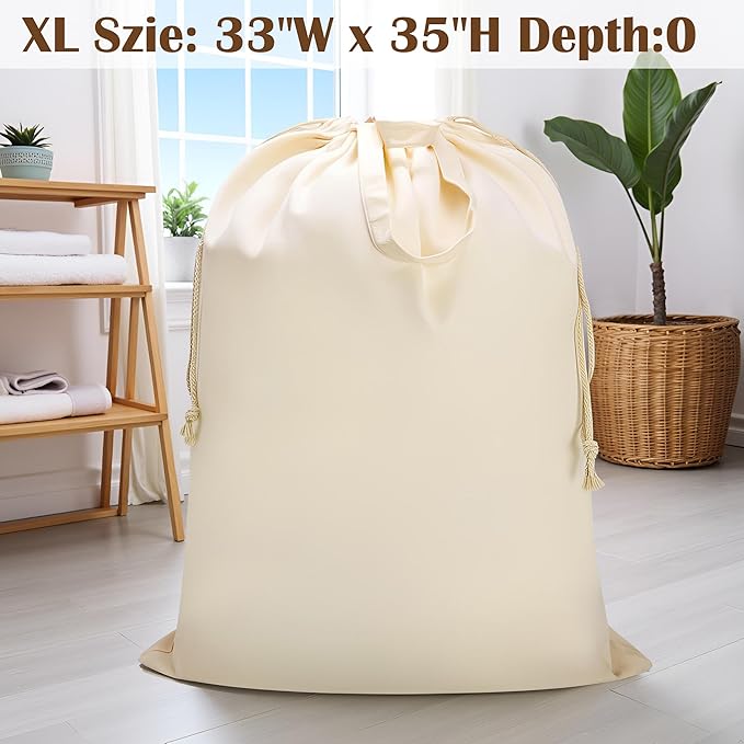 Canvas Laundry Bag 33"Wx 35"H, Thick Canvas Laundry Bag with Handles & Drawstring, Extra Large Heavy Duty Washable Basket Liner Hamper Liner Storage Sack (Beige XL, 1 Pack)
