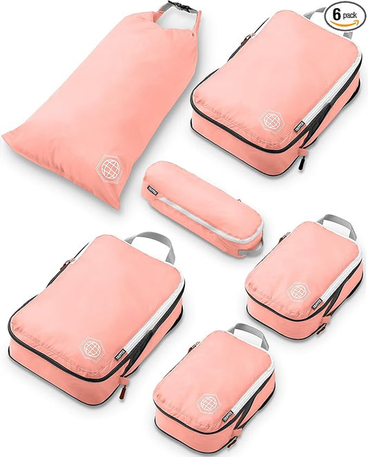 Compression Packing Cubes 6 Piece Set for Carryon Suitcases- Lightweight, Durable Clothes Organizer (Coral Rose)