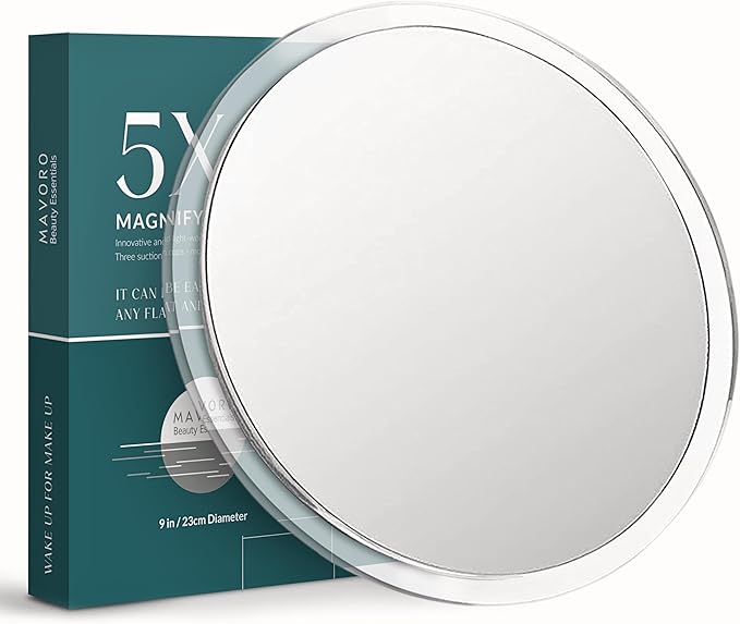Mavoro 9'' Magnifying Mirror with 3 Strong Suction Cups | 5X Magnification | Portable Travel Makeup & Cosmetic Mirror (5X)