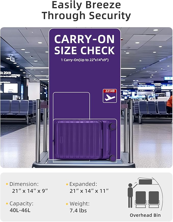 LARVENDER Carry On Luggage 22x14x9 Airline Approved, 20 Inch Expandable PC+ABS Hardside Carry On Luggage with Front Pocket Spinner Wheels TSA Lock for Women Men (Purple)