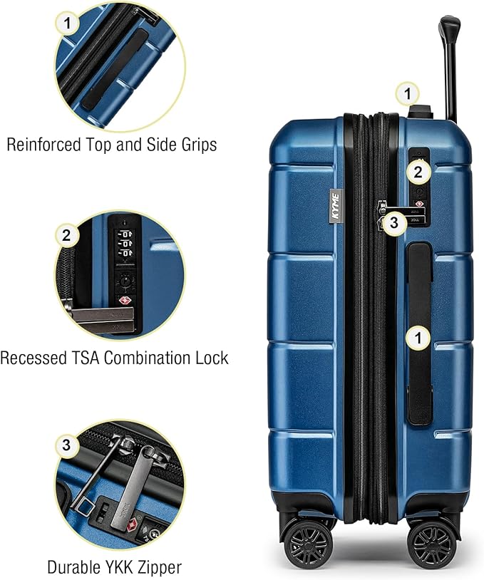 KYME Carry On Luggage 22x14x9 Airline Approved Expandable Hardshell 20 Inch Luggage with TSA Lock Carry On Suitcase with Wheels Small Travel Rolling Luggage with Cup Holder for Women Men Lt Blue