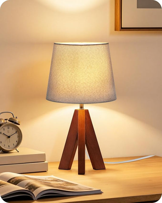 Tripod Table Lamp, 14.6" Small Bedside Lamp with Gray Linen Shade & Dark Wood Base, Modern Nightstand Lamp for Bedroom, Kids Room, Living Room, Nursery, Office, E26 Socket, LH51TL05