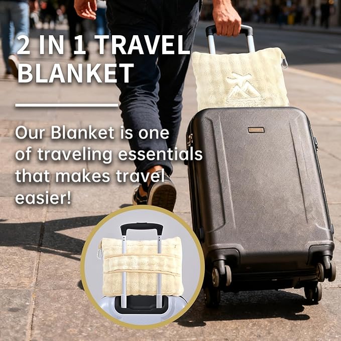 Travel Blanket and Pillow-2-in-1, Ultra-Soft&Compact, Airplane Blanket with Hand Luggage Belt and Backpack Clip,Travelers Accessories Gifts, 61x43 Inches（White）