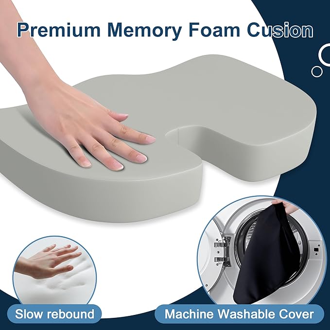 Memory Foam Cusion, Relief Pressure Seat Cusion for Office Chairs & Car Seat, Ergonomic Design Seat Cusion for Tailbone Pain Relief, Sciatica & Back Support