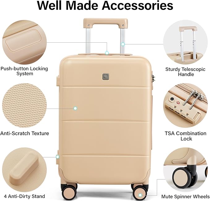 Hanke 3 Piece Luggage Sets with Spinner Wheels, Carry On Luggage Lightweight PC Hard Shell Suitcases TSA Luggage Checked Bag 20/24/28 Inch Luggage(Cuba Sand)