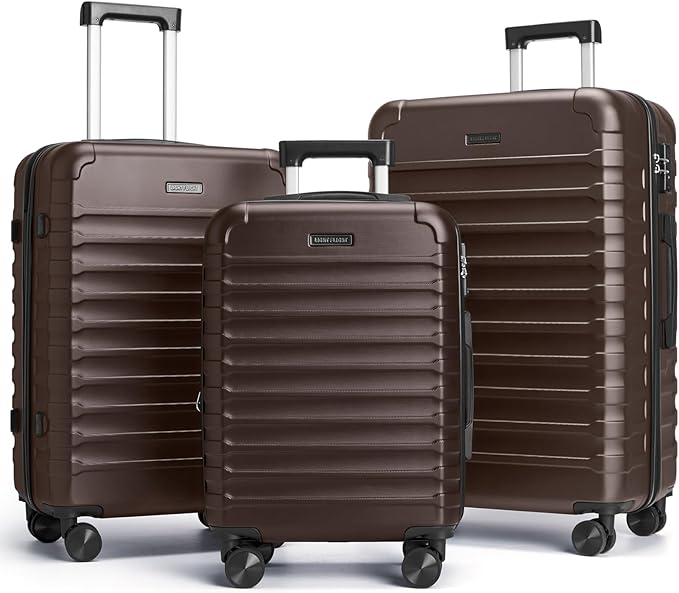 LIGHT FLIGHT Luggage Sets, 3 Piece Durable Suitcase Set with Spinner Wheels, 3 Pcs Hard Shell Lightweight Luggage with TSA Lock, Large Checked Travel Suitcases, 20/24/28 Inch,Brown