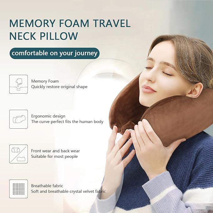 Neck Pillow Airplane Soft Travel Pillow for Traveling Sleeping Adjustable Memory Foam Neck Support Pillows for Cars Trains Offices Home Use Brown