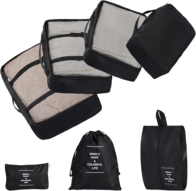 7 Set Packing Cubes for Travel Essentials, Suitcase Organizer Bags for Airplane Road Trip Camp - Black