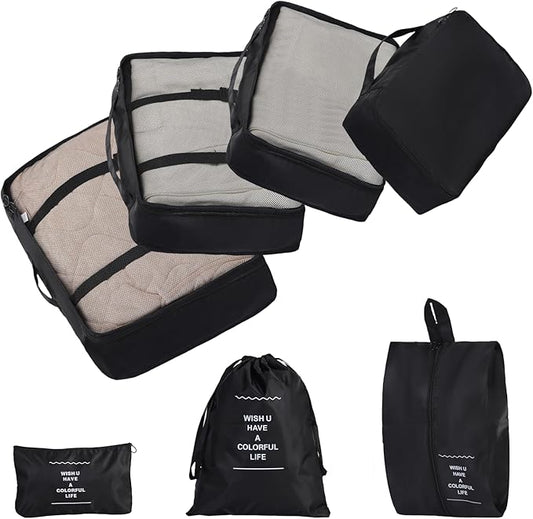 7 Set Packing Cubes for Travel Essentials, Suitcase Organizer Bags for Airplane Road Trip Camp - Black