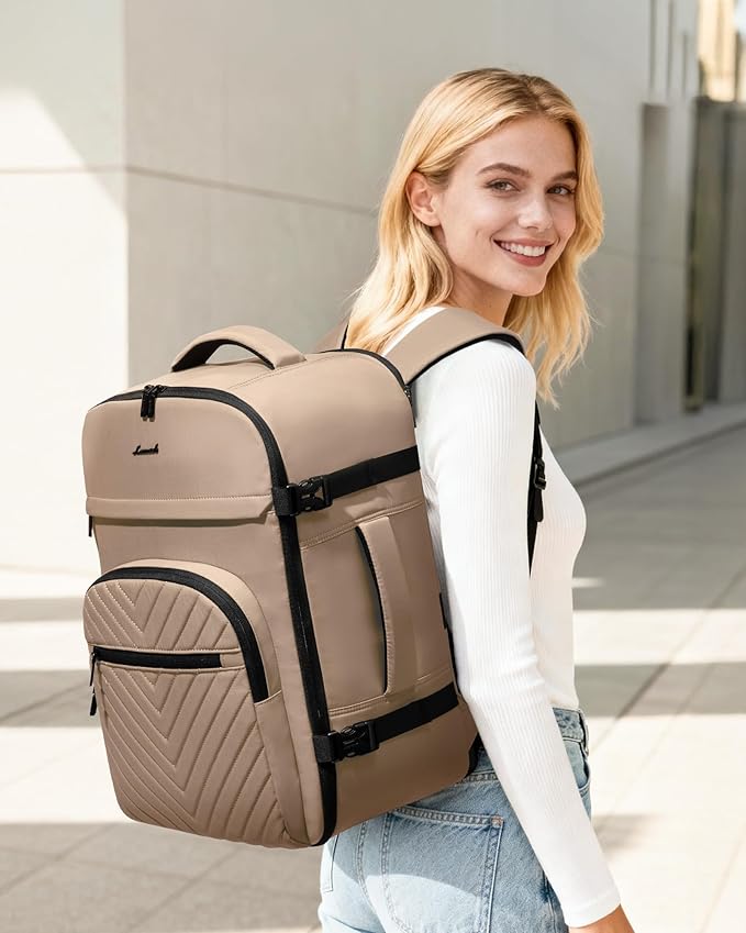 LOVEVOOK 40L Travel Backpack for Women Men, TSA Personal Item Travel Bag Fits 17.3inch Laptop, Waterproof Airline Approved Carry On Luggage With 2 Cubes for Weekender Hiking Business, Khaki