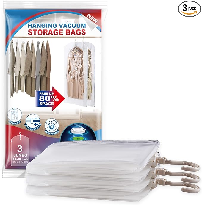 Hanging Vacuum Storage Bags, 3 Pack Large Hanging Vacuum Seal Bags for Clothing, Space Saver for Clothes, Jackets, Closet Organizer for Moving Supplies(53.1x27.6 in)