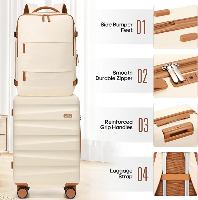 UKEIN Luggage Set with Backpack,Polycarbonate Carry On Luggage Airline Approved with Spinner Wheels, Hardshell Travel Suitcase with TSA Lock,Suitcase Set 3 Piece