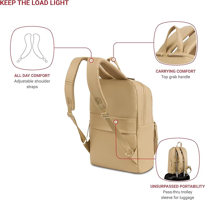 SwissGear Serenity Luxe Women's Laptop Backpack, Laptop Bag Fits Most 13-Inch Laptops, Taupe, 16 Inches