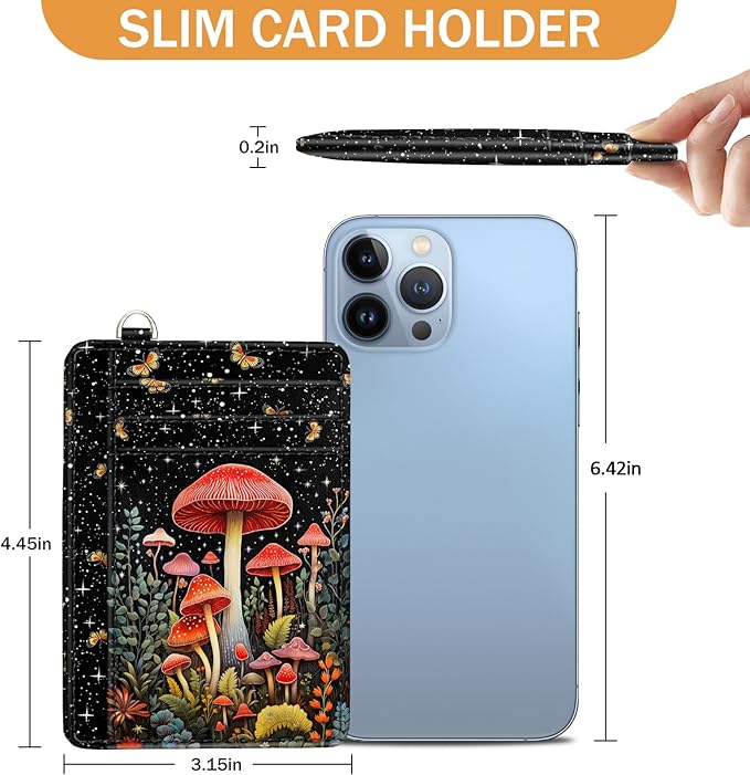 Yonlevres Mushroom Credit Card Holder Slim Wallet, RFID Wallet Women Front Pocket Small Card Holder, Travel Funny Cute Thin Card Case with ID Window PU Leather RFID Blocking Card Organizer Gifts Girls