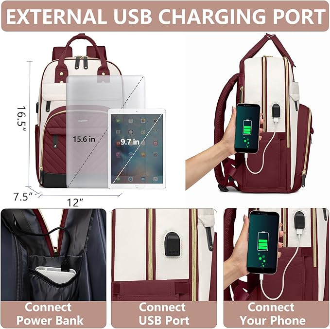 Laptop Backpack for Women Work Bag - 15.6 inch Travel Backpack Purse with USB Charger College Bookbag Waterproof Cute Casual Daypack Business Computer Backpacks for Teacher Nurse Beige Wine Red