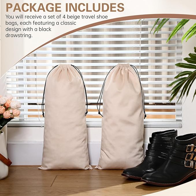 Amylove 4 Pcs Flannel Cloth Shoe Bags for Travel, 8 x 17 Inches Dust Pouch with Drawstring Closure, Washable Breathable Cotton Fabric for Luggage(Beige)
