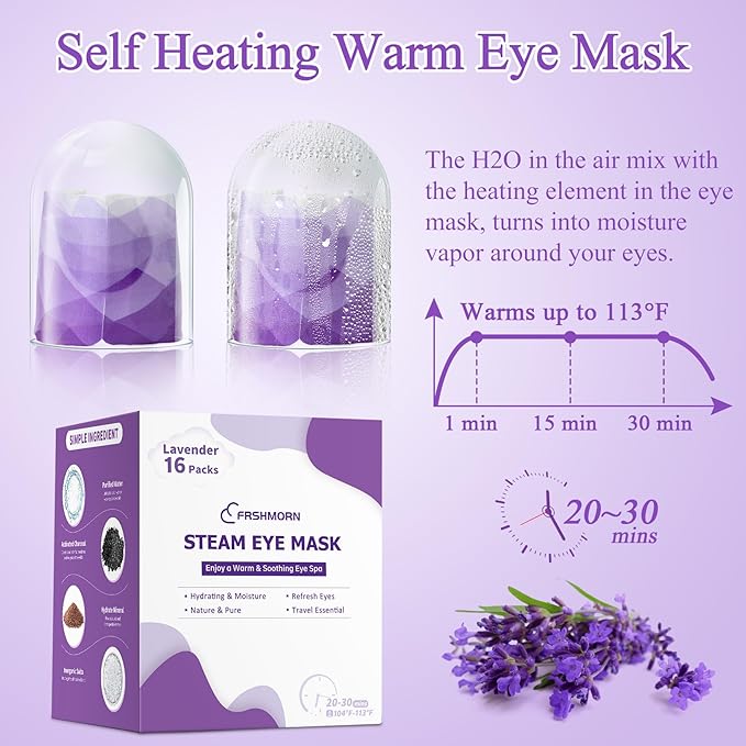 16 Packs Steam Eye Mask, Heated Eye Mask for Sleeping, Warm Compress for Eyes, Self Heating Disposal Steam Mask for Home Sleep, Office, Spa, Travel Essentials Valentine's Day Gift (Lavender)