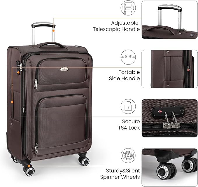 Softside Luggage Sets 3 Piece,Expandable Lightweight Durable Suitcase Sets Double Spinner Wheels w/Combination LOCK （20''/26''/30''）#Coffee