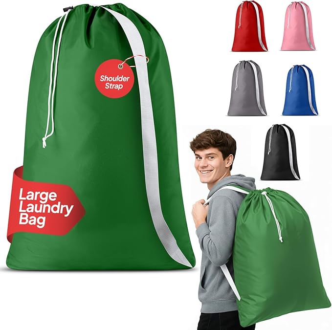 Handy Laundry Extra Large Laundry Bag with Adjustable Shoulder Strap – Heavy Duty, Durable Nylon, Drawstring Locking Closure, 30" x 40" – Laundry Bags for Travel, College Dorm, Camping, Green