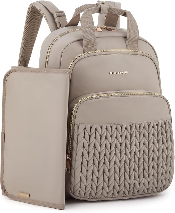 mommore Diaper Bag Backpack, Stylish Travel Baby Bag with Insulated Pockets, Changing Pad and Stroller Straps for Toddler (L-Brown Taupe, Large-27L)