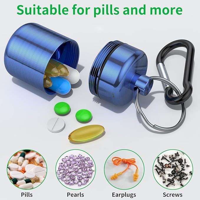 Small Pill Case, (3 Pack) Keychain Pill Holder with Strong Carabiners Portable Waterproof Travel Pill Container Carrier Mini Metal Pill Box Bottle with Keyring for Medicine Ear Plug Jewelry