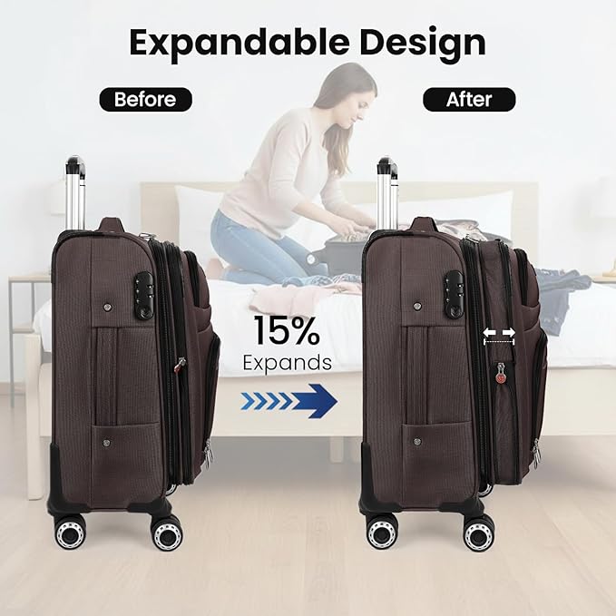 26" Luggage Softside Expandable 15% Checked Luggage with Double Spinner Wheels Combination LOCK,Lightweight Travel Suitcase for Men/Women（Coffee,26in）
