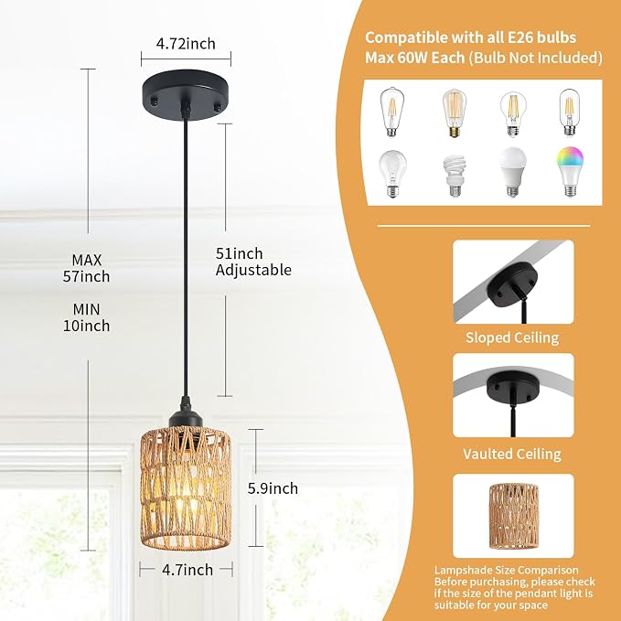 Boho Rattan Pendant Light for Kitchen Island Round Hanging Lamp | Handwoven Rattan Shade Adjustable Height 10-57 Inch E26 Base Farmhouse Chandeliers for Kitchen Islands And Dining Rooms