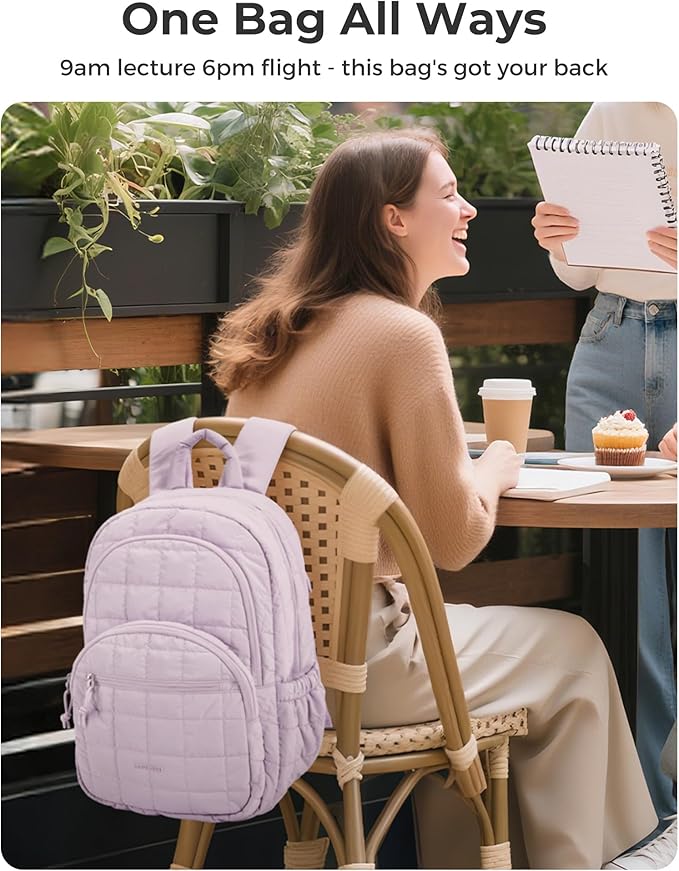 BAGSMART College Laptop Backpack, Travel Backpack for Women, Quilted Casual Daypack, Water-Resistant Bookbag for 15.6 Inch Laptop, Lavender