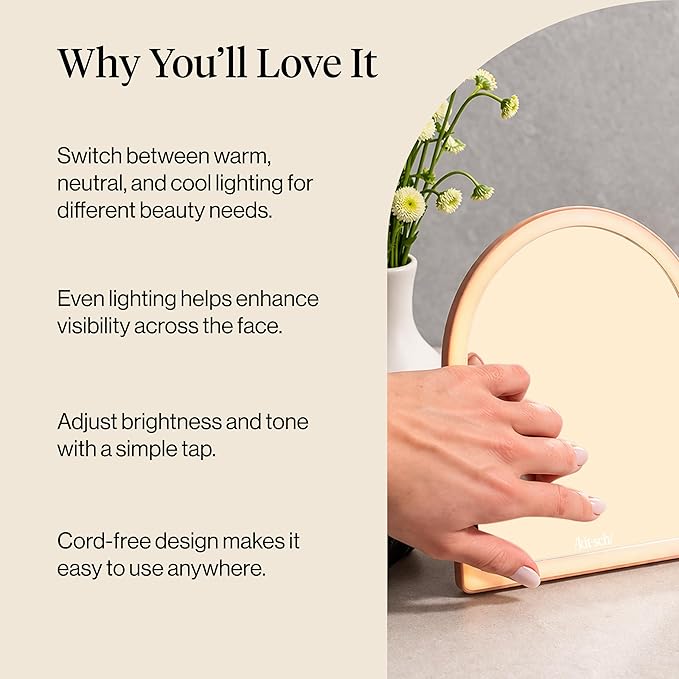 Kitsch Arch Desk Vanity Mirror with Lights, LED Makeup Surface, Touch Sensor Dimmable Warm Neutral Cool Glow, Rechargeable Desk Mirror with Kickstand for Travel - Terracotta