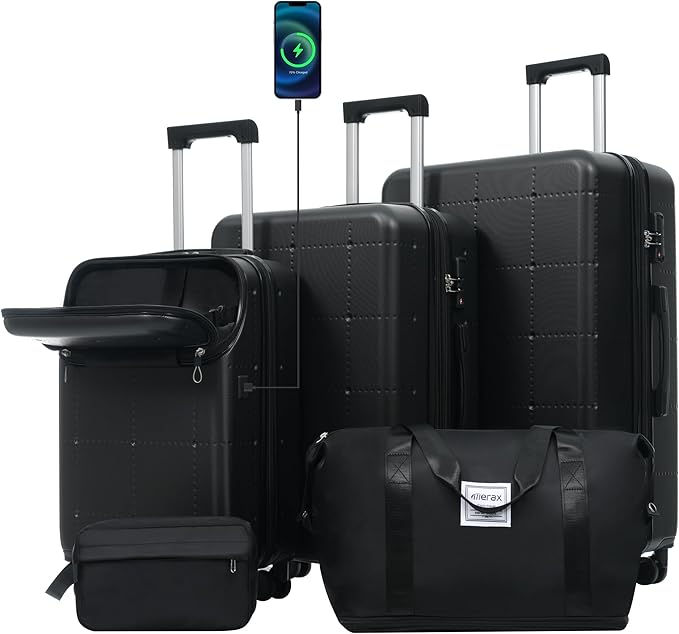 Merax Luggage Sets,5 Piece Front Half-open Hardshell Expandable Suitcase Set with Spinner Wheels and Duffel Bags,Lightweight Carry on Luggage with USB Port,20/24/28IN,Black-1