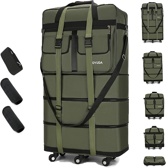 130L Expandable Luggage, 40 Inch Suitcase with Wheels, Collapsible Luggage with Wheels, Rolling Duffle Bag with wheels, Foldable Suitcasewith2Handle Wrap 2Fixing Straps 1Shoulder Strap (Green)