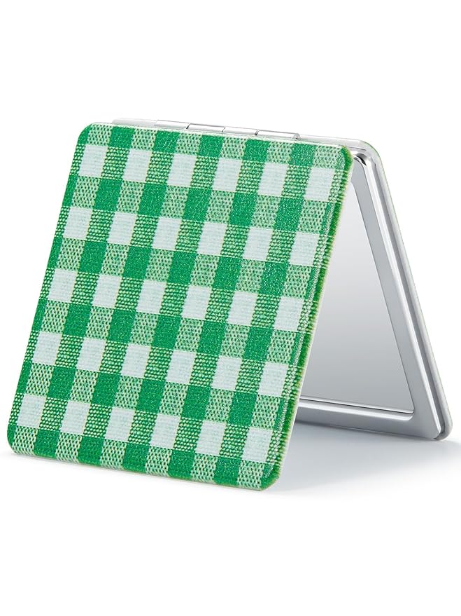 OMIRO Compact Mirror, Unique Plaid Pattern PU Leather 1X/3X Magnification, Ultra Portable for Purses, 2.76" W x 2.76" L, Green Plaid