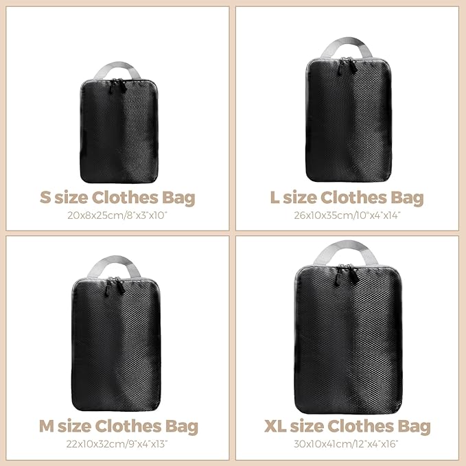 4 Set Compression Packing Cubes for Suitcase - Space-Saving Luggage Organizer Bags, Lightweight Travel Essentials for Efficient Packing (Black)