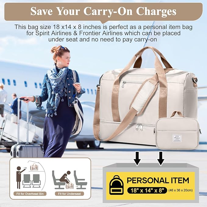 Travel Duffel Bag for Women, Carry-on Overnight Weekender Bags with Wet Pocket & Toiletry Bag, For Spirit Airlines 18x14x8 Personal Item Bag,Small,3 Pcs Set