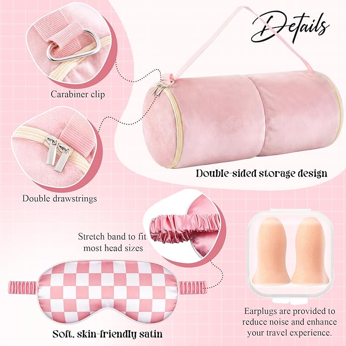 5 Pcs Travel Pillow and Blanket Set, 5 in 1 Travel Airplane Compact Includes 40 x 60 Inch Throw Blanket Eye Mask Neck Pillow Earplug and Bag Gifts for Travelers Women(Checkered,Pink)