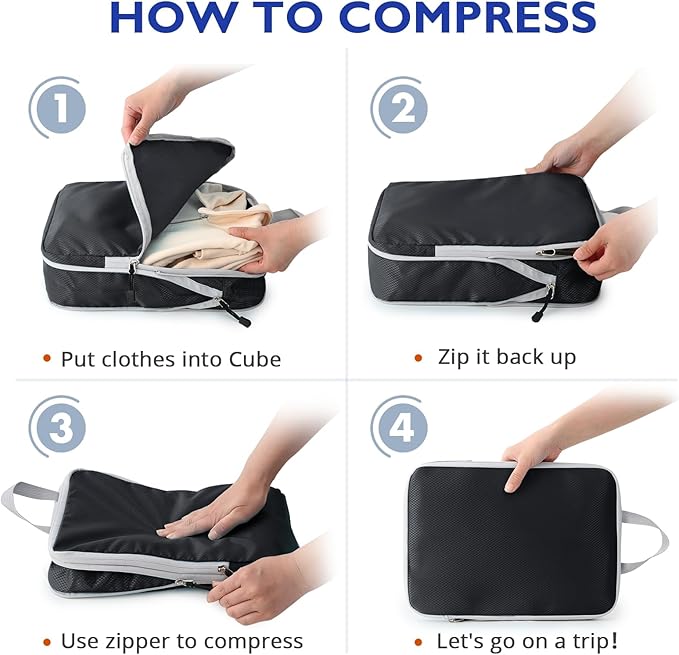 Compression Packing Cubes, 8 Set Packing Cubes for Travel Compression, Lightweight Compressible Package Organizer for Carry On and Suitcases, Black and Grey